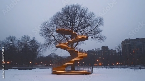 Obraz Spiral staircase embedded in a tree, illuminated at night, amidst a snowy landscape