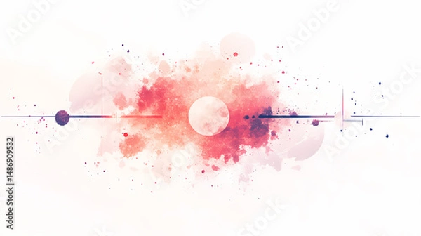 Fototapeta Abstract watercolor painting in shades of pink, red, and purple, featuring a central white circle and thin, dark lines.