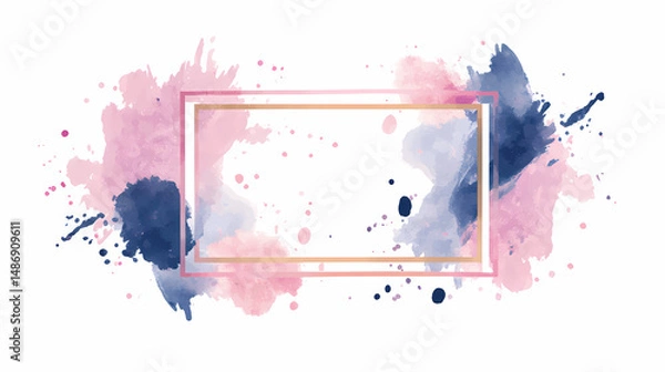 Fototapeta Abstract watercolor art featuring splashes of pink and blue hues, framed by a delicate gold border. Perfect for adding a touch of elegance to any project.