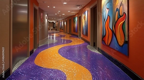 Obraz Vibrant hallway with swirling mosaic floor and colorful artwork