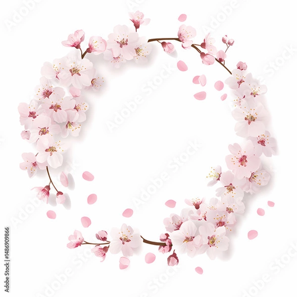 Fototapeta Delicate pink cherry blossoms arranged in a circular frame, creating a lovely floral design perfect for spring or wedding themes. The soft petals and branches are beautifully illustrated against a cle