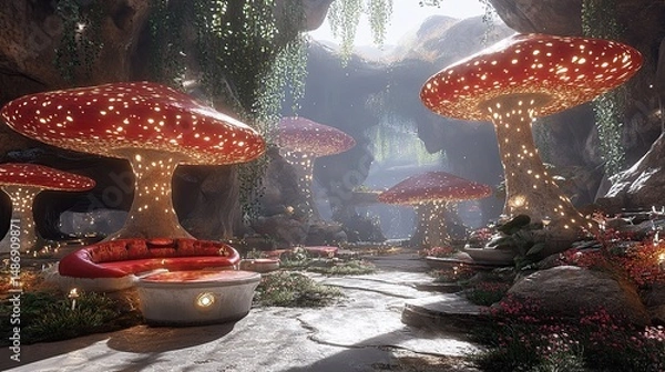 Obraz Enchanting cave with glowing mushrooms and cozy seating