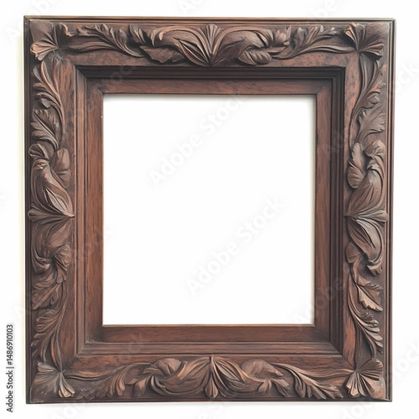 Fototapeta Intricate hand-carved wooden picture frame, rich dark brown, ornate floral details. Perfect for adding a touch of elegance to any artwork.