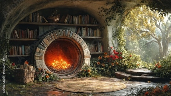 Obraz Cozy cave library with a fireplace