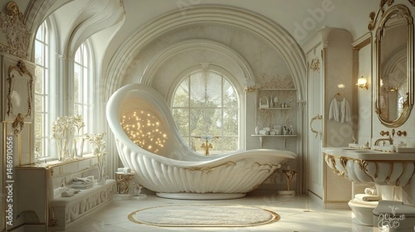 Obraz Luxurious, ornate bathroom with a unique shell-shaped bathtub