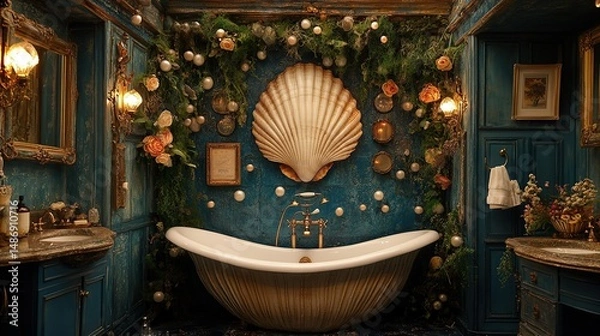 Obraz A lavish, ornate bathroom, decorated with a seashell motif and holiday embellishments