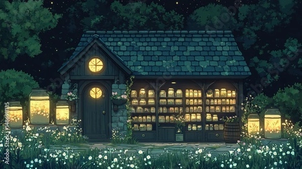 Fototapeta Enchanting nocturnal shop nestled amidst a mystical forest.  Glowing jars and fairy lights illuminate the building's display cases filled with intriguing items