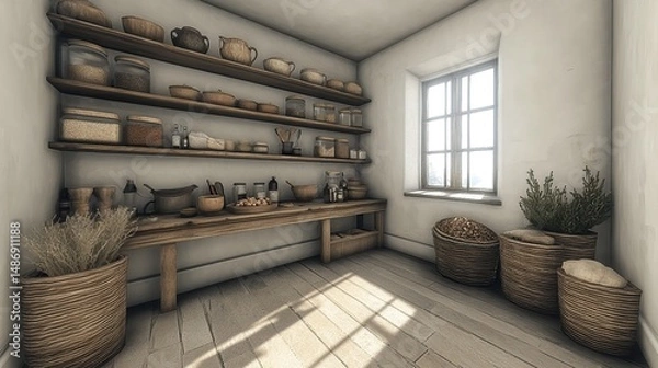 Obraz Rustic pantry with wooden shelves, rustic baskets, and storage containers