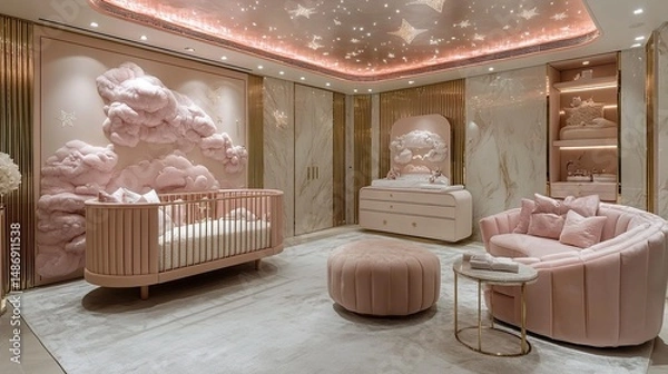 Obraz Luxurious pink nursery, featuring a cloud wall, crib, changing table, and seating