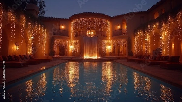 Obraz Luxurious estate at night, adorned with warm holiday lights.  A pool reflects the glow of the surrounding decorations