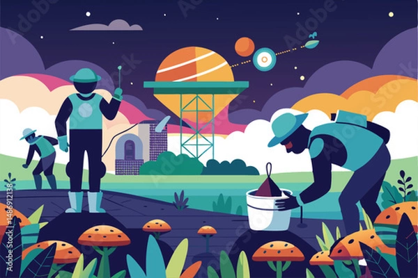 Fototapeta Astronauts' Silhouette Constructing an Orbital Farm amidst Celestial Canvas