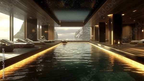 Obraz Luxurious indoor pool with mountain views.  Relaxing spa area with lounge chairs