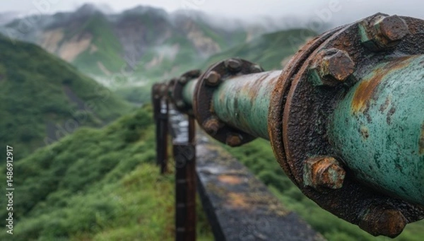 Obraz Rusty pipeline with mountain backdrop.
