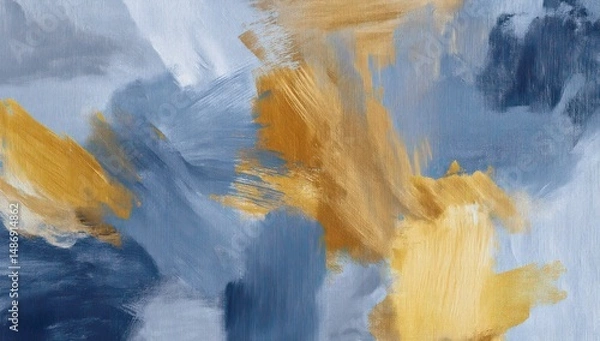 Fototapeta Gold, grey, and blue paint strokes create a striking, abstract backdrop for banners.