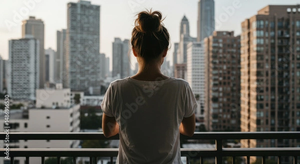 Fototapeta Cityscape Serenity: Woman Gazing at Urban Skyline, Balcony View - Hope, Future, and Reflection in Metropolis