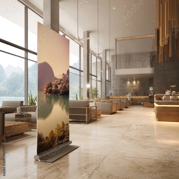 Fototapeta Hotel lobby standee mockup for promoting local events, attractions, and special deals to guests.