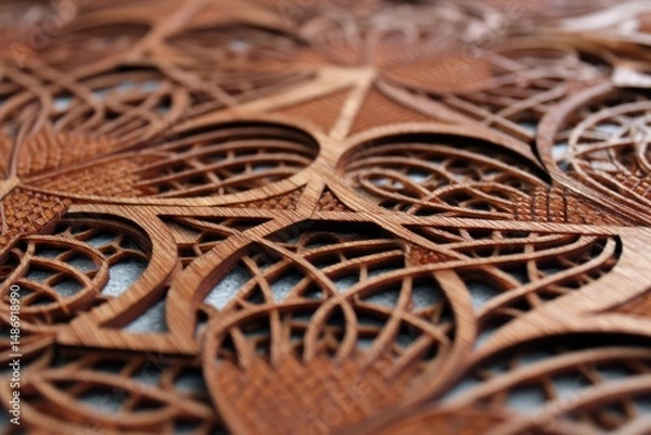 Fototapeta Elegant geometric patterns on mahogany wood, laser-cut to create a refined background effect.