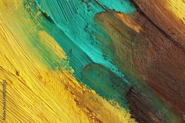 Fototapeta Burnt brown, lemon yellow, and teal brushstrokes on grainy surface form a dynamic, colorful texture.