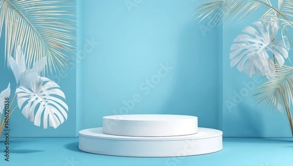 Fototapeta Light blue backdrop with a white podium and palm leaves, highlighting a fresh, nature-inspired display.