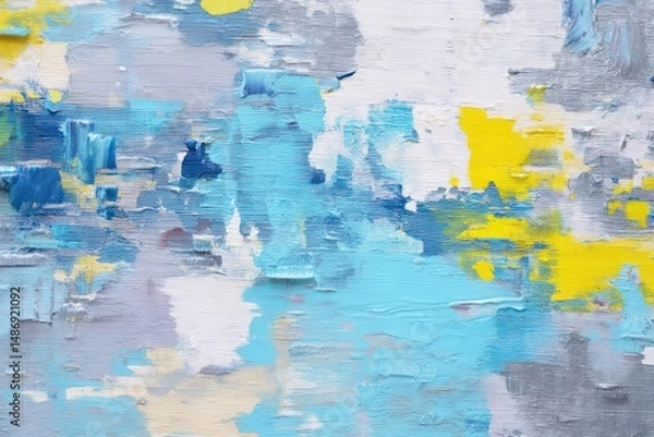 Fototapeta Light grey, yellow, and blue strokes combine on canvas, forming a gentle, abstract pattern.
