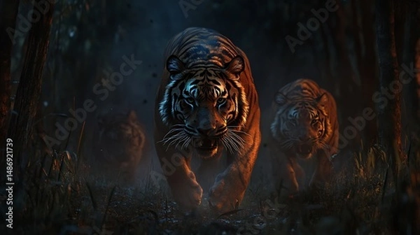 Fototapeta Tigers in the dark forest