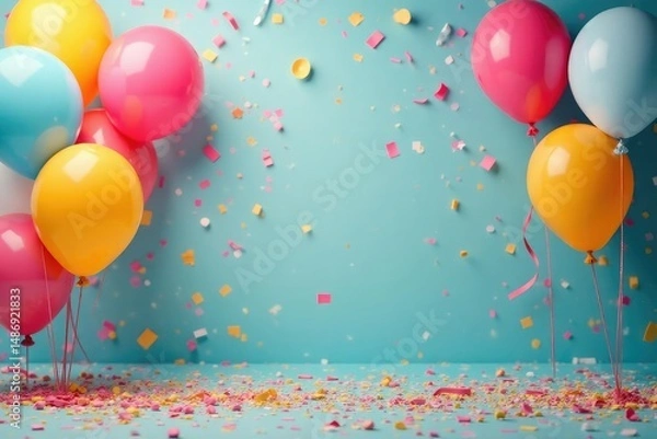 Fototapeta Joyful celebration scene with colorful balloons, confetti, and streamers Festive party background , cheerful, happy, colorful