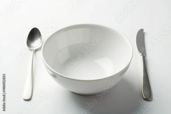 Fototapeta Close-up empty bowl, untouched cutlery, pure white backdrop, break, hungry