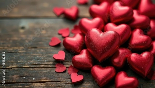 Fototapeta A pile of red hearts, some shiny, some matte, against a rustic wooden background , aged, wood