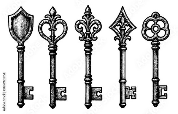 Fototapeta Collection of Ornate Antique Keys with Detailed Engraved Designs in Black and White Line Art