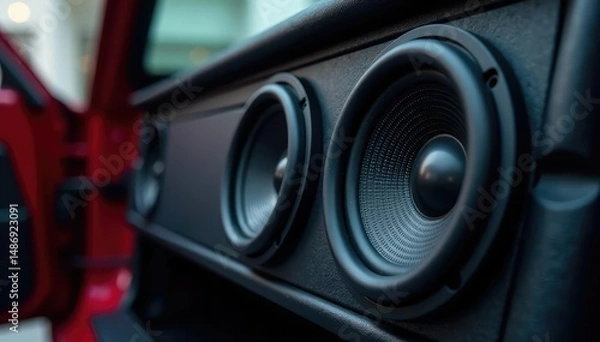 Fototapeta High-quality car speakers installed in a vehicle door Close-up showcasing audio system components , vehicle, high end