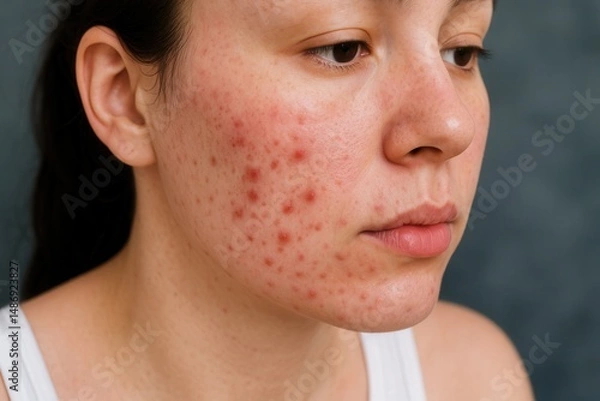 Fototapeta A close-up of a woman with acne on her face, showing red, inflamed pimples, highlighting the need for effective acne treatment