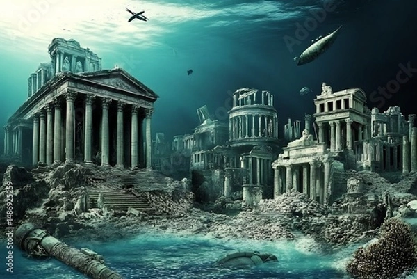 Fototapeta Mythology themed underwater city coral covered structures bioluminescent sea life and ancient artifacts depicting a lost civilization beneath the waves