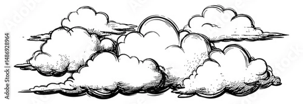 Fototapeta Hand Drawn Clouds Illustration in Detailed Black and White Engrave Style