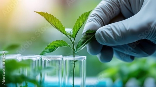 Fototapeta Plant Research: A Close-Up of a Scientist's Hand Gently Examining a Young Plant Sprout in a Test Tube, Symbolizing Growth, Scientific Study, and the Future of Agriculture.