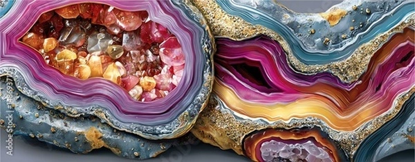 Fototapeta Amethyst geode with captivating Colorful agate stone with intricate patterns and textures, showcasing beauty found in nature's geological formations.