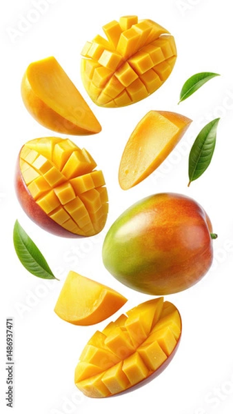 Obraz Flying Mango Fruit with Half Slices isolated on transparent white background, clipping path