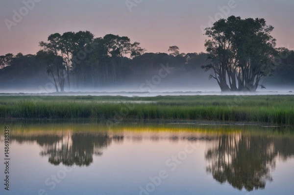 Obraz Wetland marsh in with fog