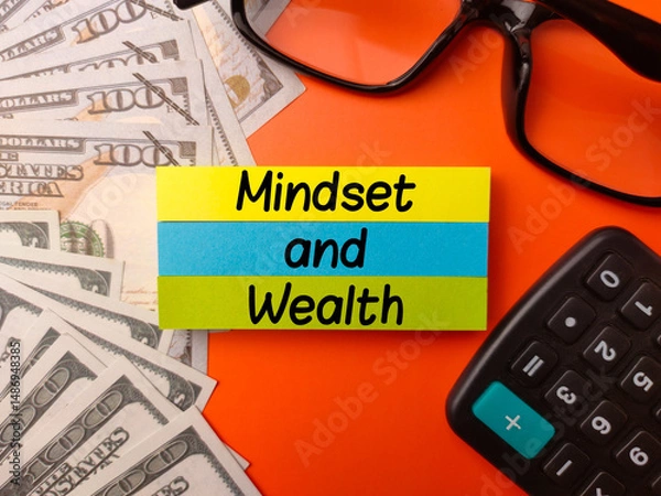 Fototapeta Top view sticky note and banknotes with the word Mindset and Wealth on a orange background
