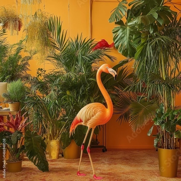 Fototapeta Pink flamingo standing amidst lush tropical foliage in a room with a mustard yellow wall. Warm lighting illuminates the scene, creating a vibrant and exotic atmosphere.