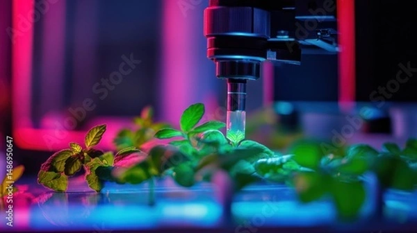 Fototapeta Precision Agriculture: Robotic System Analyzing Plant Growth Under Neon Lights
