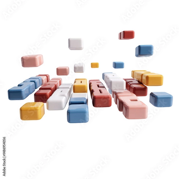 Fototapeta Arrangement of colorful building blocks and cubes in various shapes isolated on a white background