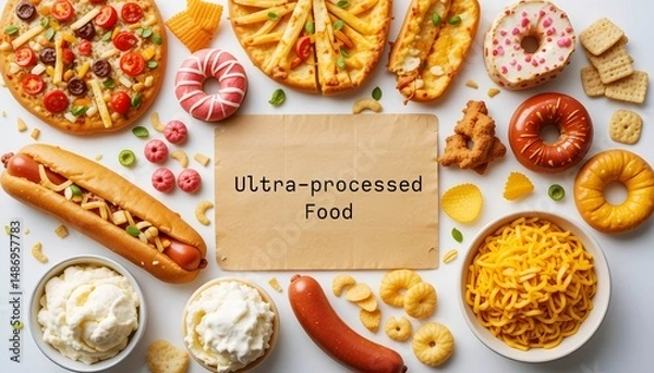 Fototapeta Industrial food with stick note Ultra-processed food (UPF) - unhealthy food made from ingredients not found in kitchens - high with additives, added sugar, salt or unhealthy fats