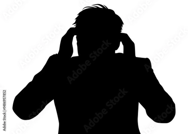 Obraz 頭に両手をあててパニックになるビジネスマンのシルエット