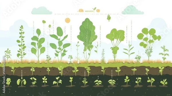 Fototapeta Illustrative Guide to Plant Growth Stages: From Seed to Mature Plant. A Visual Representation of the Life Cycle of Various Vegetables, Showing the Development from Seedling to Harvest.