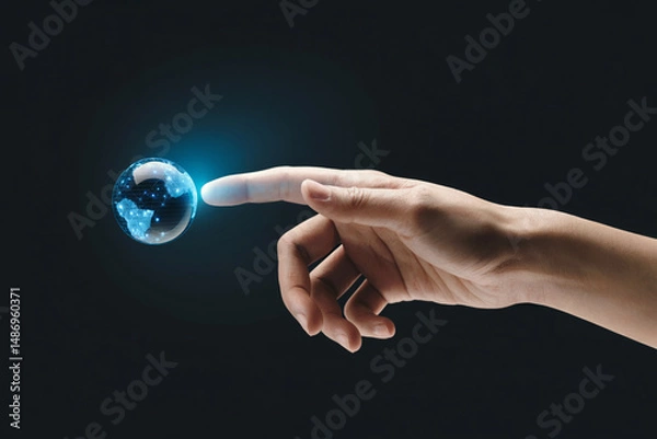 Fototapeta Hand Touching Digital Globe Future Technology Concept on Black Background