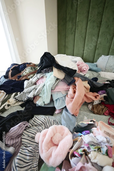 Obraz Pile of clothes on bed in messy bedroom
