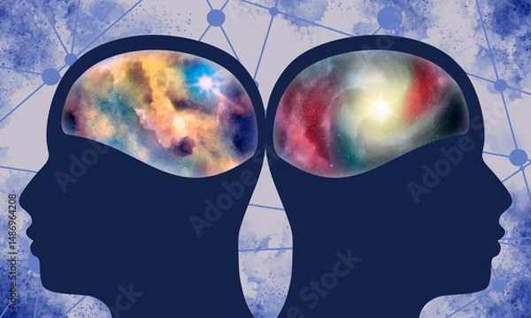 Fototapeta Silhouette of men heads textured by universe filled with stars.. Human communication and differences. Double exposure. Psychology and mental health. Dual personality concept.