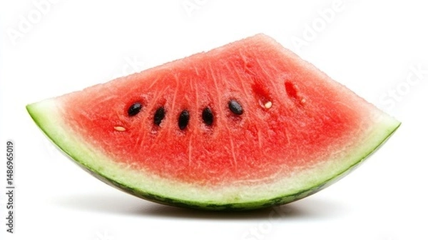 Fototapeta A single, triangular slice of watermelon with a red interior, black seeds, and a green rind sits on a white background