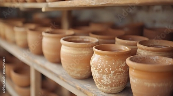 Fototapeta Earthenware Pottery Collection on Wooden Shelves