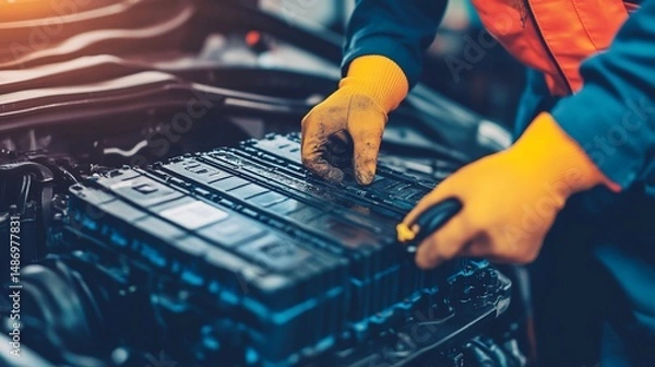 Fototapeta Expert Mechanic Inspecting Electric Car Battery